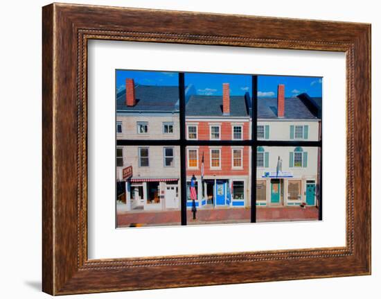 Through interior window pains, storefronts line Water Street in Hallowell, Maine-null-Framed Photographic Print