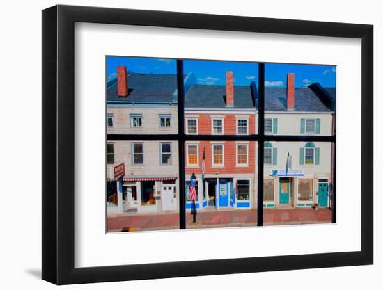 Through interior window pains, storefronts line Water Street in Hallowell, Maine-null-Framed Photographic Print