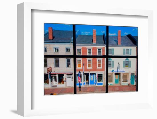 Through interior window pains, storefronts line Water Street in Hallowell, Maine-null-Framed Photographic Print