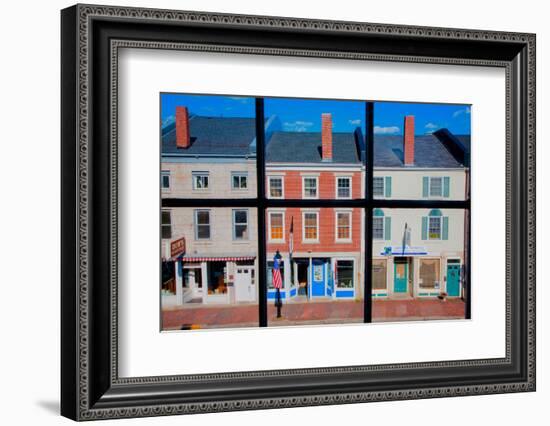 Through interior window pains, storefronts line Water Street in Hallowell, Maine-null-Framed Photographic Print