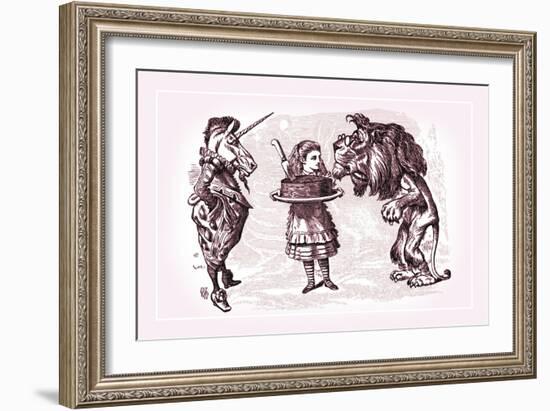 Through the Looking Glass: Alice, Lion, Unicorn and Cake-John Tenniel-Framed Art Print