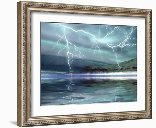 Thunderclouds And Lightning Move Over the Mountains And a Nearby Lake-Stocktrek Images-Framed Photographic Print