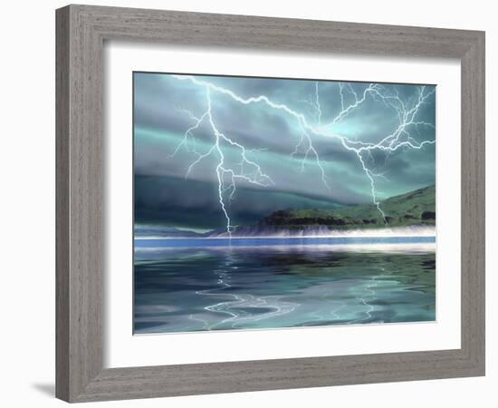 Thunderclouds And Lightning Move Over the Mountains And a Nearby Lake-Stocktrek Images-Framed Photographic Print