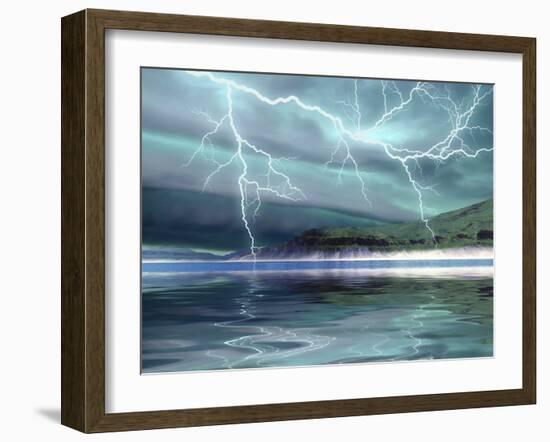 Thunderclouds And Lightning Move Over the Mountains And a Nearby Lake-Stocktrek Images-Framed Photographic Print