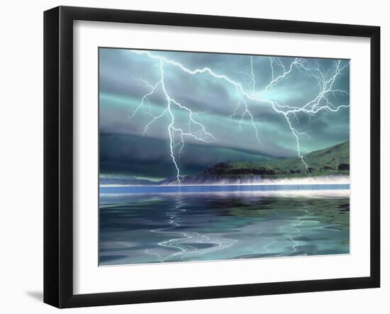 Thunderclouds And Lightning Move Over the Mountains And a Nearby Lake-Stocktrek Images-Framed Photographic Print