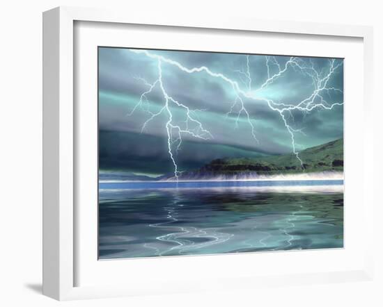 Thunderclouds And Lightning Move Over the Mountains And a Nearby Lake-Stocktrek Images-Framed Photographic Print