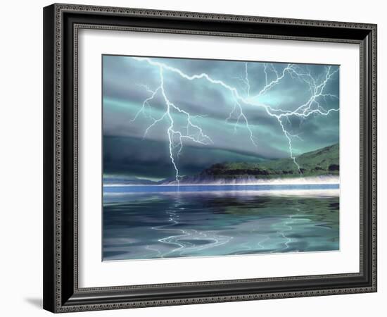 Thunderclouds And Lightning Move Over the Mountains And a Nearby Lake-Stocktrek Images-Framed Photographic Print