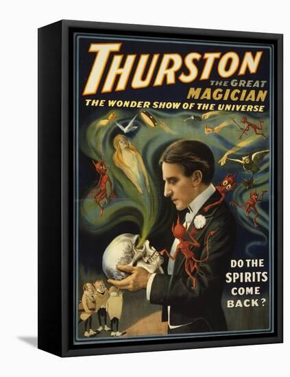 Thurston the Great Magician Holding Skull Magic Poster-Lantern Press-Framed Stretched Canvas