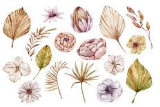 Watercolor Hand Painted Boho Flowers and Leaves Clipart, Individual Elements of Roses, Dried Leaves-Tiana Geo-Stretched Canvas