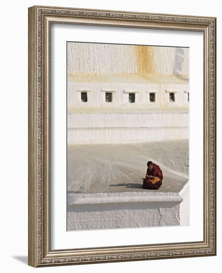 Tibetan Buddhist Monk Reading Scriptures at the Boudha Stupa at Bodhanath, Kathmandu, Nepal-Don Smith-Framed Photographic Print