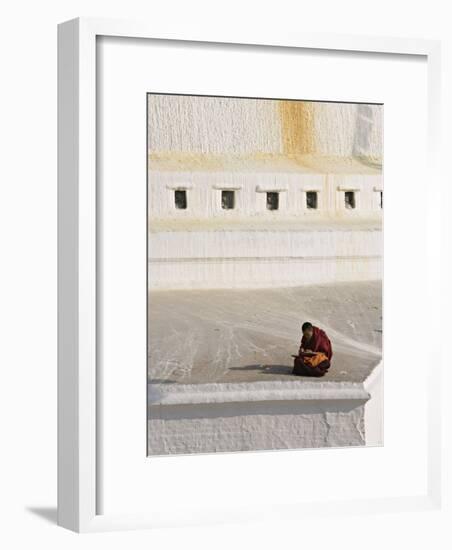 Tibetan Buddhist Monk Reading Scriptures at the Boudha Stupa at Bodhanath, Kathmandu, Nepal-Don Smith-Framed Photographic Print