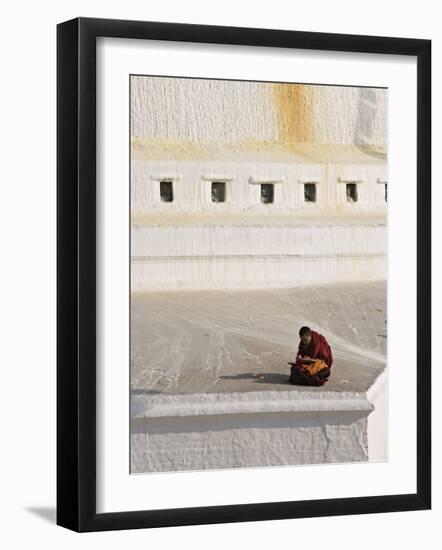 Tibetan Buddhist Monk Reading Scriptures at the Boudha Stupa at Bodhanath, Kathmandu, Nepal-Don Smith-Framed Photographic Print