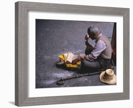 Tibetan Buddhist Pilgrim Reading Texts and Holding Prayer Wheel, Lhasa, China-Alison Wright-Framed Photographic Print