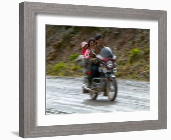 Tibetan Family Traveling on Motorbike in the Mountains, East Himalayas, Tibet, China-Keren Su-Framed Photographic Print