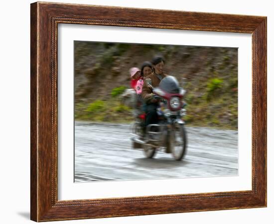 Tibetan Family Traveling on Motorbike in the Mountains, East Himalayas, Tibet, China-Keren Su-Framed Photographic Print