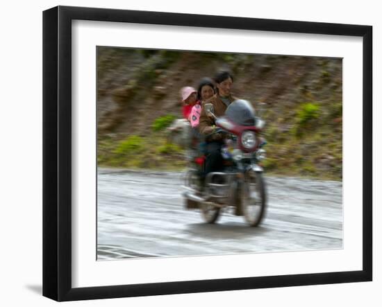 Tibetan Family Traveling on Motorbike in the Mountains, East Himalayas, Tibet, China-Keren Su-Framed Photographic Print