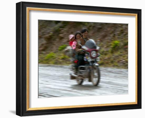 Tibetan Family Traveling on Motorbike in the Mountains, East Himalayas, Tibet, China-Keren Su-Framed Photographic Print