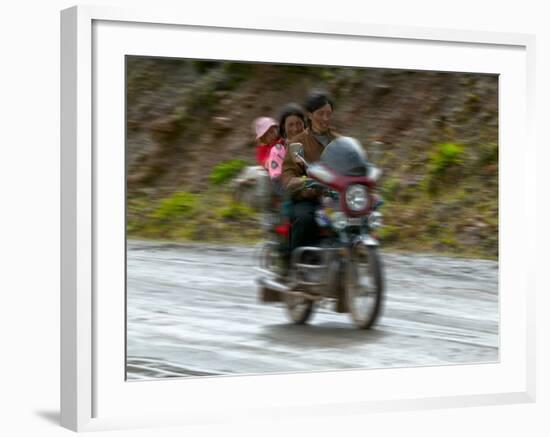 Tibetan Family Traveling on Motorbike in the Mountains, East Himalayas, Tibet, China-Keren Su-Framed Photographic Print