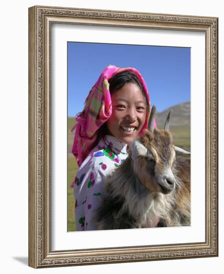 Tibetan Girl Holding Sheep in the Meadow, East Himalayas, Tibet, China-Keren Su-Framed Photographic Print