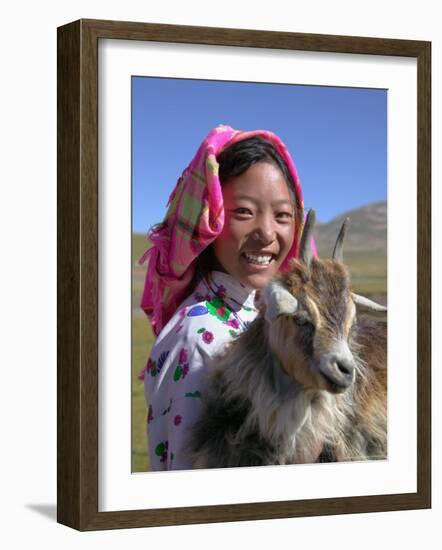 Tibetan Girl Holding Sheep in the Meadow, East Himalayas, Tibet, China-Keren Su-Framed Photographic Print