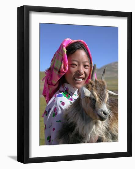 Tibetan Girl Holding Sheep in the Meadow, East Himalayas, Tibet, China-Keren Su-Framed Photographic Print