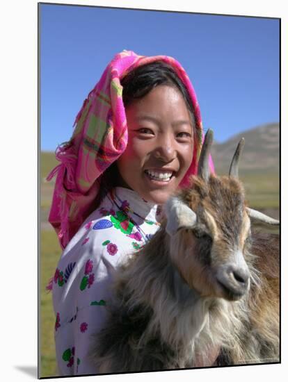 Tibetan Girl Holding Sheep in the Meadow, East Himalayas, Tibet, China-Keren Su-Mounted Photographic Print