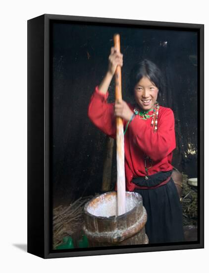 Tibetan Girl Making Butter Tea Inside the Yurt, Dingqing, Tibet, China-Keren Su-Framed Premier Image Canvas