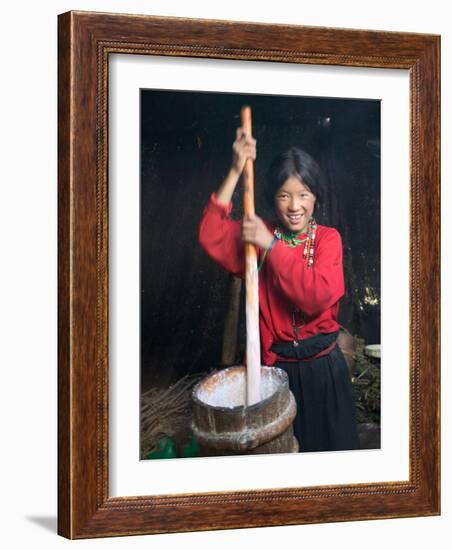 Tibetan Girl Making Butter Tea Inside the Yurt, Dingqing, Tibet, China-Keren Su-Framed Photographic Print