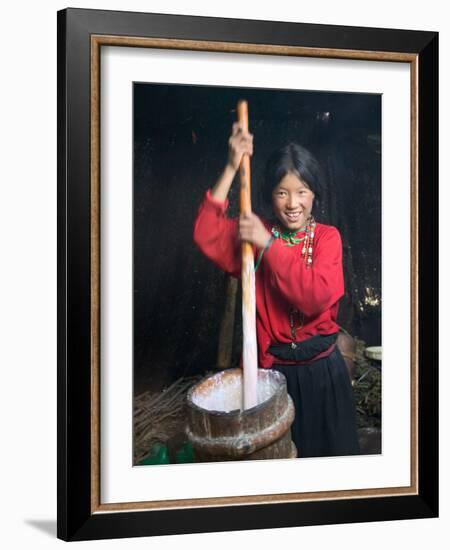 Tibetan Girl Making Butter Tea Inside the Yurt, Dingqing, Tibet, China-Keren Su-Framed Photographic Print