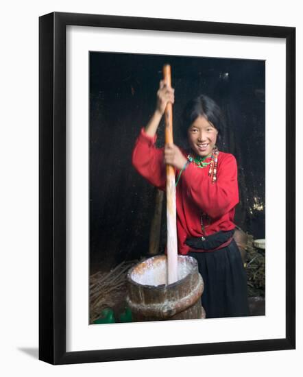 Tibetan Girl Making Butter Tea Inside the Yurt, Dingqing, Tibet, China-Keren Su-Framed Photographic Print