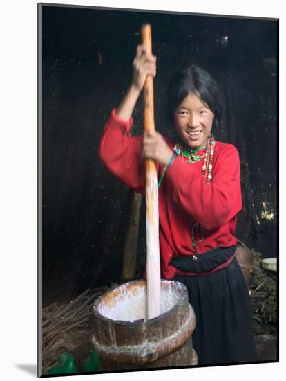 Tibetan Girl Making Butter Tea Inside the Yurt, Dingqing, Tibet, China-Keren Su-Mounted Photographic Print