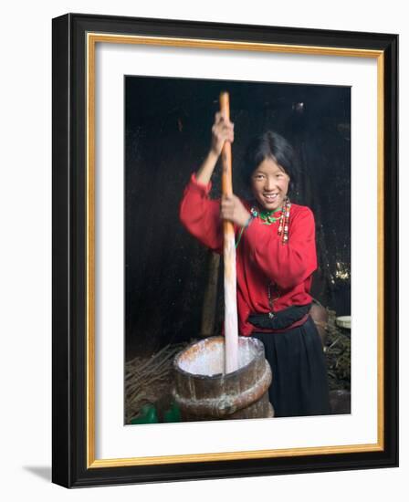 Tibetan Girl Making Butter Tea Inside the Yurt, Dingqing, Tibet, China-Keren Su-Framed Photographic Print