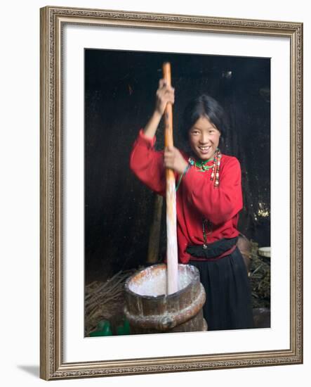 Tibetan Girl Making Butter Tea Inside the Yurt, Dingqing, Tibet, China-Keren Su-Framed Photographic Print