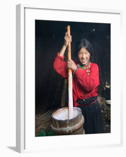 Tibetan Girl Making Butter Tea Inside the Yurt, Dingqing, Tibet, China-Keren Su-Framed Photographic Print