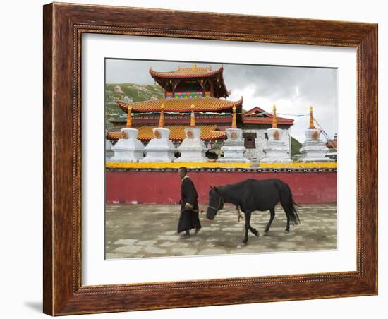 Tibetan Man with Horse in Tagong Monastery, Sichuan, China-Keren Su-Framed Photographic Print