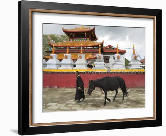 Tibetan Man with Horse in Tagong Monastery, Sichuan, China-Keren Su-Framed Photographic Print