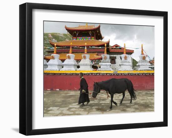 Tibetan Man with Horse in Tagong Monastery, Sichuan, China-Keren Su-Framed Photographic Print