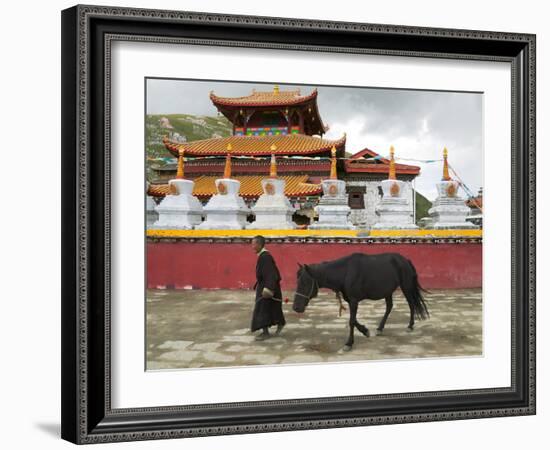 Tibetan Man with Horse in Tagong Monastery, Sichuan, China-Keren Su-Framed Photographic Print