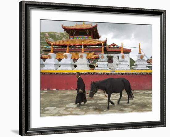 Tibetan Man with Horse in Tagong Monastery, Sichuan, China-Keren Su-Framed Photographic Print