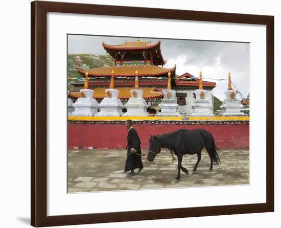 Tibetan Man with Horse in Tagong Monastery, Sichuan, China-Keren Su-Framed Photographic Print