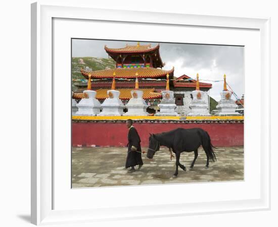 Tibetan Man with Horse in Tagong Monastery, Sichuan, China-Keren Su-Framed Photographic Print