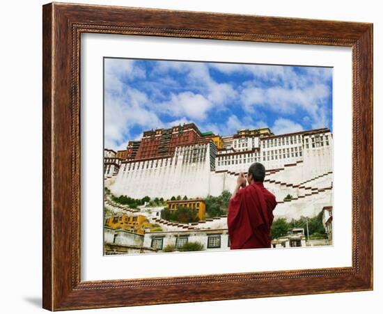 Tibetan Monk with Potala Palace, Lhasa, Tibet, China-Keren Su-Framed Photographic Print