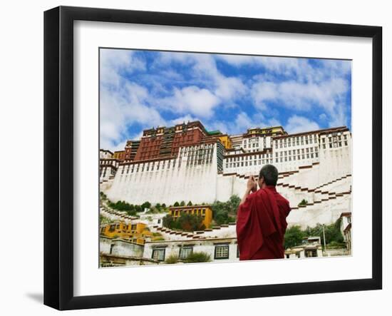 Tibetan Monk with Potala Palace, Lhasa, Tibet, China-Keren Su-Framed Photographic Print