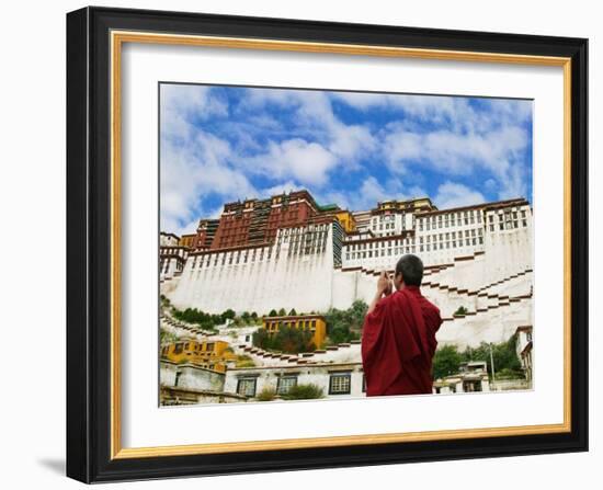 Tibetan Monk with Potala Palace, Lhasa, Tibet, China-Keren Su-Framed Photographic Print