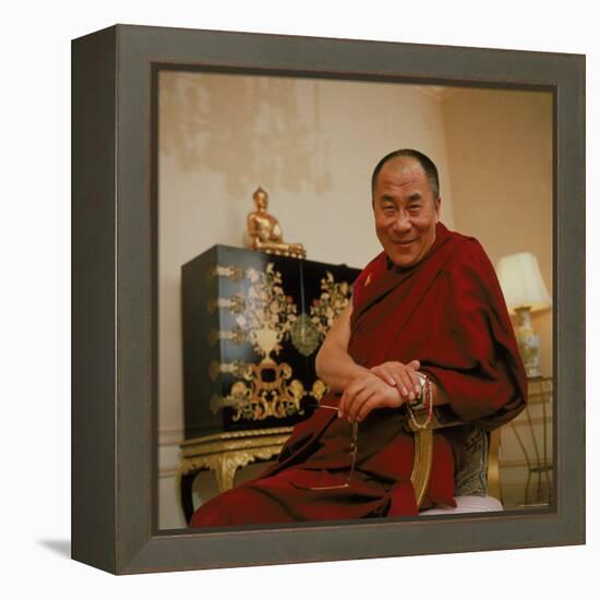 Tibetan Spiritual Leader in Exile Dalai Lama in Smiling Portrait-Ted Thai-Framed Premier Image Canvas