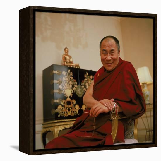 Tibetan Spiritual Leader in Exile Dalai Lama in Smiling Portrait-Ted Thai-Framed Premier Image Canvas