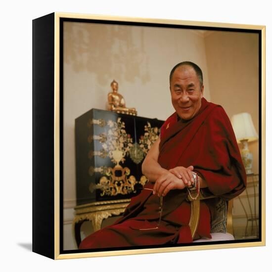 Tibetan Spiritual Leader in Exile Dalai Lama in Smiling Portrait-Ted Thai-Framed Premier Image Canvas