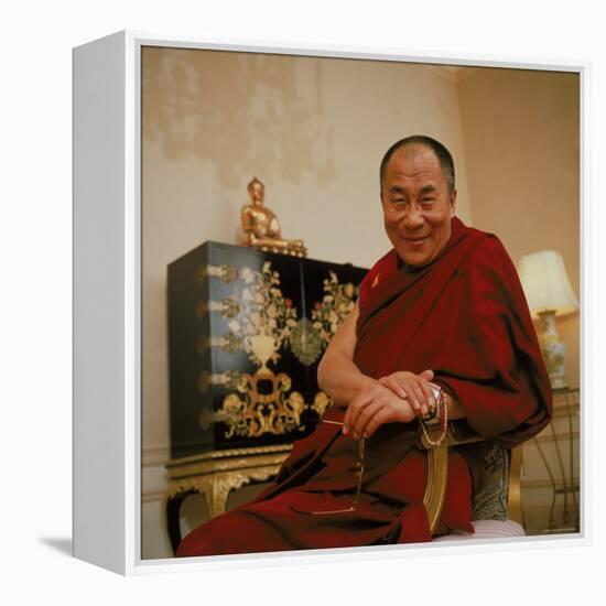 Tibetan Spiritual Leader in Exile Dalai Lama in Smiling Portrait-Ted Thai-Framed Premier Image Canvas
