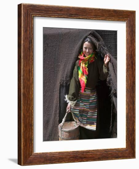 Tibetan Woman Carrying a Bucket to the Tent, East Himalayas, Tibet, China-Keren Su-Framed Photographic Print