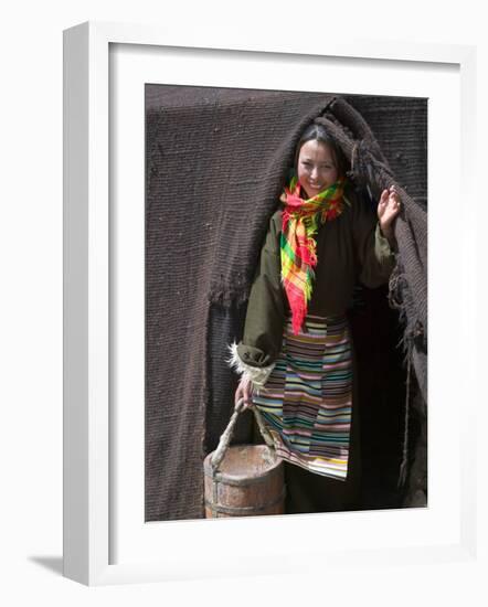 Tibetan Woman Carrying a Bucket to the Tent, East Himalayas, Tibet, China-Keren Su-Framed Photographic Print